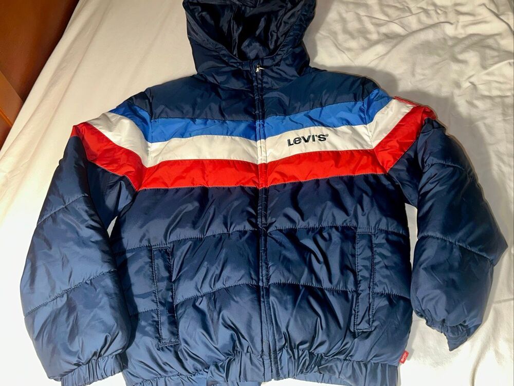Vtg Levi's Boys Puffer Jacket Blue Water Resistant Hooded Small 8-10 Years patch